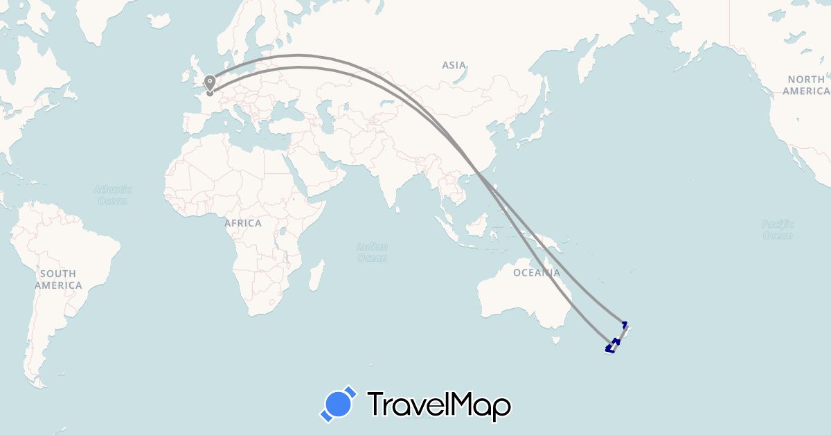 TravelMap itinerary: driving, plane in China, France, United Kingdom, New Zealand (Asia, Europe, Oceania)